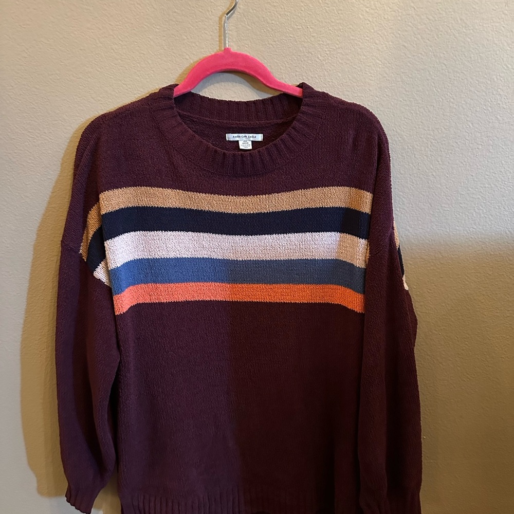 American Eagle Outfitters Burgundy Multicolor Striped Sweater